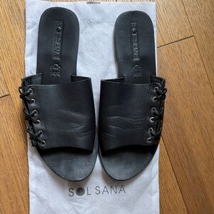 Sol Sana Black Leather Slide Mules with Side Lace-Up Detail